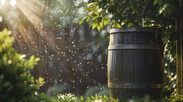 Sistema generativo de recolección de agua de lluvia de IA en el jardín con concepto de reutilización ecológica del agua en barriles