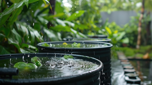 Sistema gerador de coleta de água da chuva de IA no jardim com conceito de reutilização ecológica de água em barril