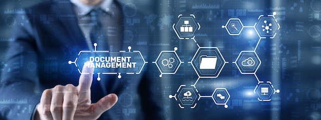 Sistema de gestión de datos de documentos Concepto de tecnología empresarial DMS en pantalla virtual