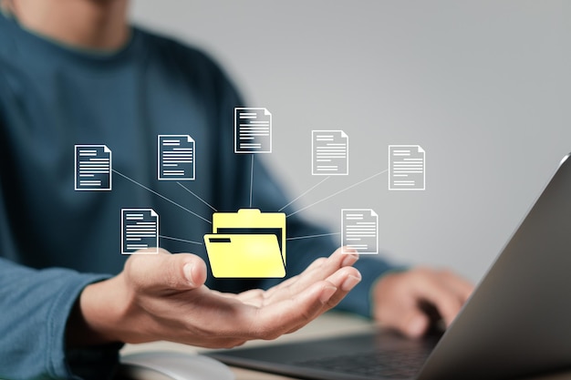 Foto sistema de gestión de documentos (dms) base de datos de tecnología en la computadora para almacenar archivos de datos de documentos proceso de almacenamiento de archivos digitales con concepto de tecnología de información de seguridad