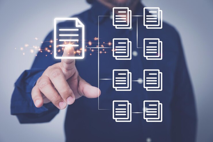 Foto sistema de gestión de documentos empresario tocando el icono de documentos de archivo documento de gestión de pantalla virtual para la base de datos de protección de la empresa tecnología dms seguridad del concepto de documentos