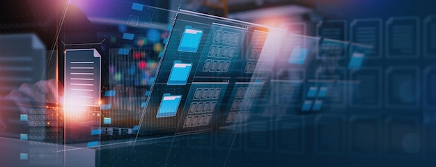 Foto el sistema de gestión de documentos o la configuración de dms por parte de un consultor de ti con una computadora moderna están buscando