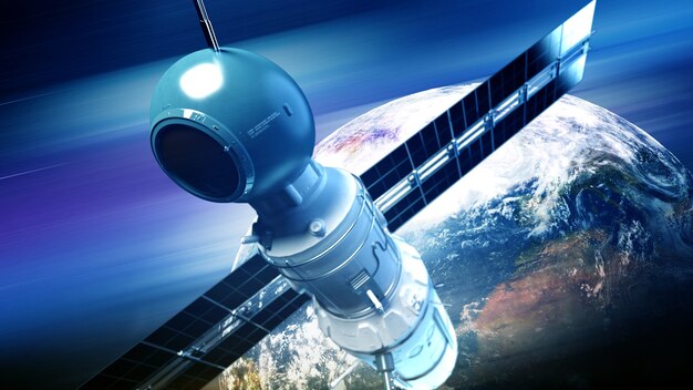 Sistema global de satélites. Satélite de comunicação no fundo do espaço futurista