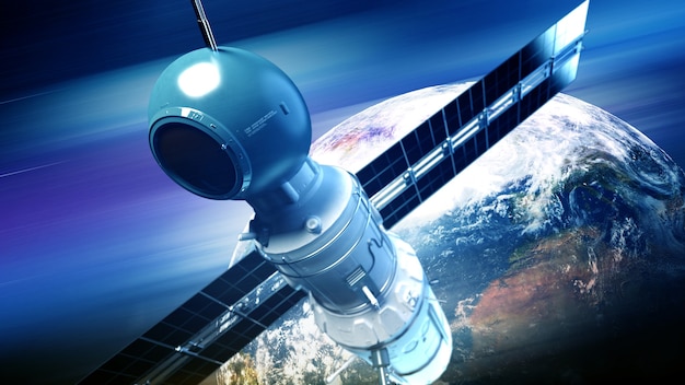 Sistema global de satélites. Satélite de comunicación sobre fondo espacial futurista