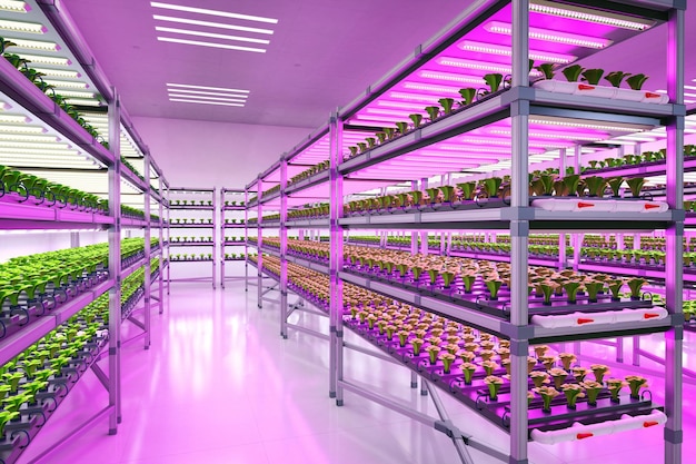 Sistema de granja interior plantas en crecimiento de estantes con luz led