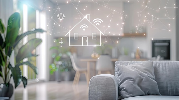 Un sistema de hogar inteligente que utiliza tecnología de aprendizaje automático con un fondo borroso y espacio para el texto