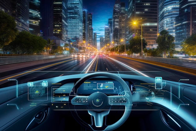 Sistema inteligente de tecnologia de carro inteligente moderno usando Heads up display HUD Veículo autônomo em modo de direção na estrada da cidade com sistema de sinal de radar de sensor gráfico carro inteligente