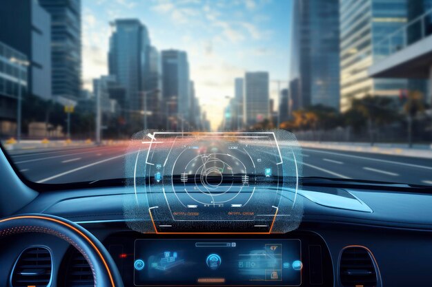 Foto sistema inteligente de tecnologia de carro inteligente moderno usando heads up display hud veículo autônomo em modo de direção na estrada da cidade com sistema de sinal de radar de sensor gráfico carro inteligente