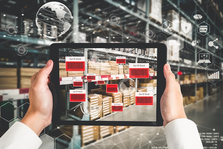 Foto sistema inteligente de gestión de almacenes que utiliza tecnología de realidad aumentada