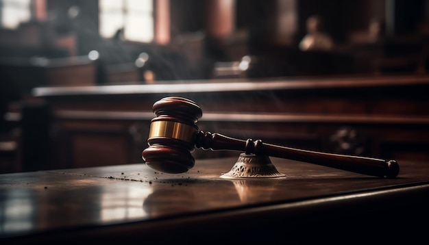 Sistema jurídico simbolizado pelo martelo na mesa de madeira no tribunal gerado pela inteligência artificial
