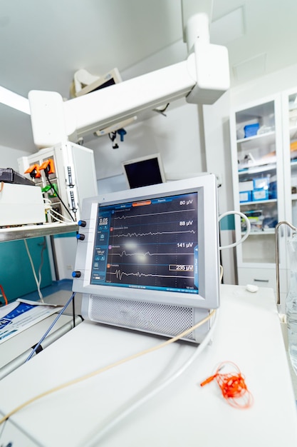 Sistema médico contemporáneo en el quirófano Monitor y ventilador de máquina en el quirófano del hospital Equipo moderno para mostrar los signos vitales de un paciente en el hospital