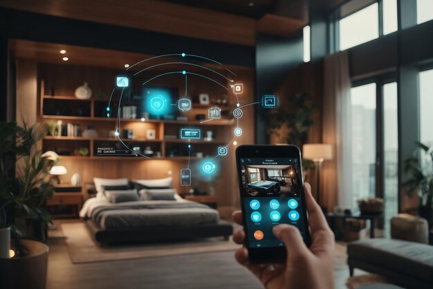 Sistema moderno de gerenciamento de casa inteligente usando realidade aumentada Edifício inteligente A casa é futurista