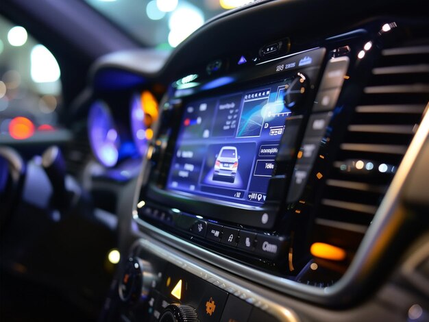 Foto sistema multimídia de automóvel interior de automóvel moderno e ecrã de toque para controlar as configurações do veículo