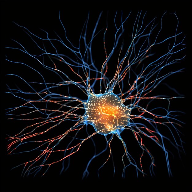 Foto sistema de neuronas con conexiones brillantes sobre fondo negro con espacio para texto generativo ai