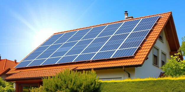 Sistema de paneles solares de energía sostenible en el techo de la casa familiar