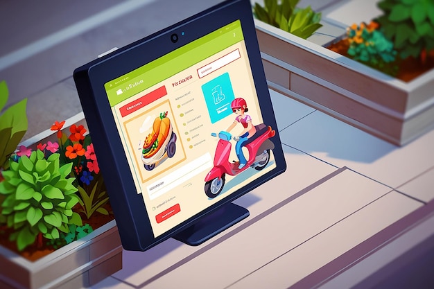 Sistema de pedido de comida en línea isométrico 3D plano en la pantalla del monitor de la computadora con motocicleta en el fondo de la ciudad