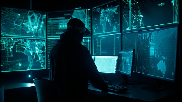 Sistema de piratería de delincuentes cibernéticos en monitores Manos de piratas informáticos en el trabajo Concepto de delincuencia en Internet Robo de piratas informáticos IA generativa