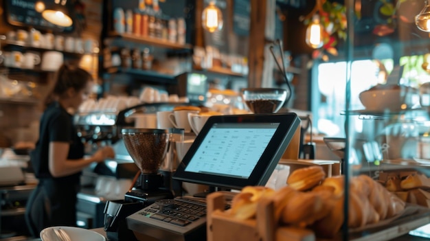 Foto sistema pos en el entorno de la cafetería uso de barista resaltado ai creado