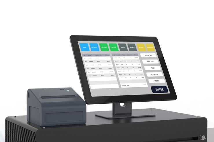 Foto sistema de punto de venta de renderizado 3d para la gestión de tiendas.