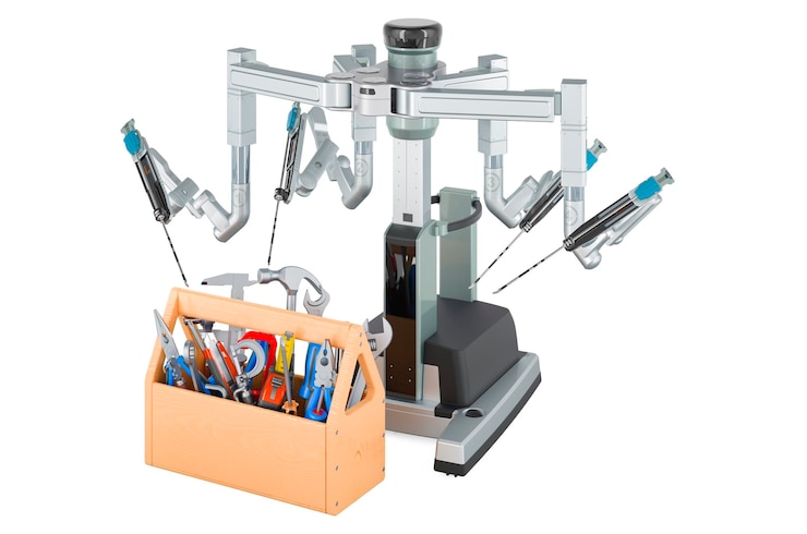 Foto sistema quirúrgico robótico con renderizado 3d de caja de herramientas