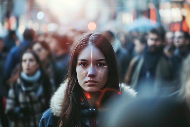 Foto sistema de reconocimiento facial escaneando una multitud de personas