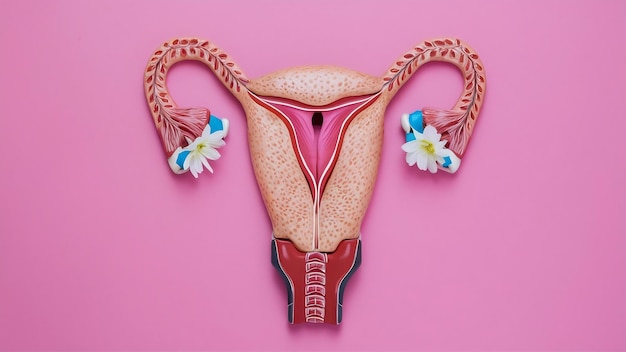 Foto sistema reprodutivo da saúde da mulher modelo de conceito útero e flor em fundo rosa