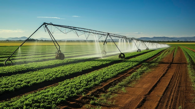 Foto sistema de riego en un campo con un rociador que pulveriza agua.