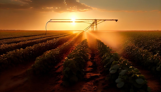 El sistema de riego en el campo de soja agrícola aspersor de pistola de lluvia ayuda a cultivar plantas en la estación seca aumenta el rendimiento de los cultivos Paisaje hermosa puesta de sol IA generativa