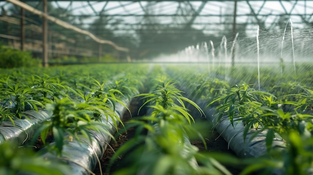 Sistema de riego que riega las plantas de cannabis en un invernadero que muestra el cultivo agrícola