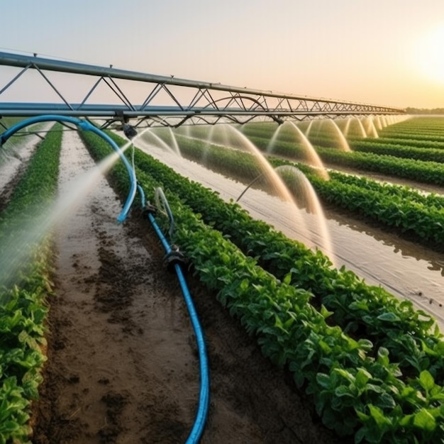 Sistema de riego en riego funcional de plantas agrícolas Ilustración AI Generativo