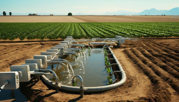 un sistema de rociadores de agua está en un campo con una manguera de agua