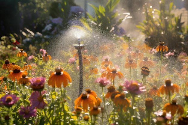 Sistema de rociadores empañando un jardín floreciente con abejas y mariposas revoloteando entre las flores