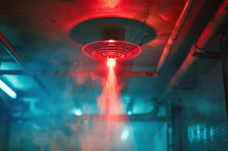 Un sistema de rociadores de incendios activado liberando agua en un entorno industrial débilmente iluminado con iluminación roja y azul