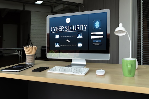 El sistema de seguridad cibernética en la pantalla de la computadora protege la información privada cómodamente