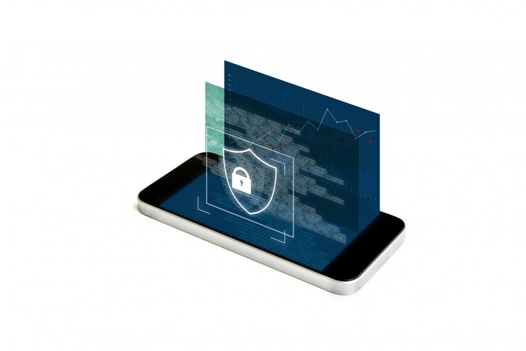 Foto sistema de seguridad de telefonía móvil y datos digitales. teléfono inteligente móvil con pantalla de bloqueo de seguridad de realidad aumentada