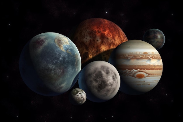 Sistema solar com muitos planetas em um fundo preto