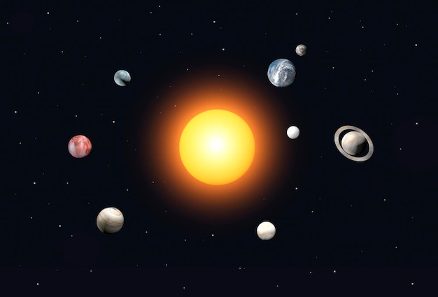 Sistema solar de planetas no espaço d o sol, terra, marte júpiter e outros objetos espaciais contra o ...