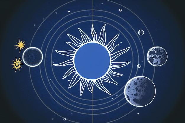Sistema solar ilustración minimalista fondo azul IA generativa