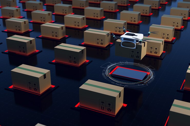 Foto sistema de transferencia automática de stock logístico y representación de ilustraciones 3d de almacén