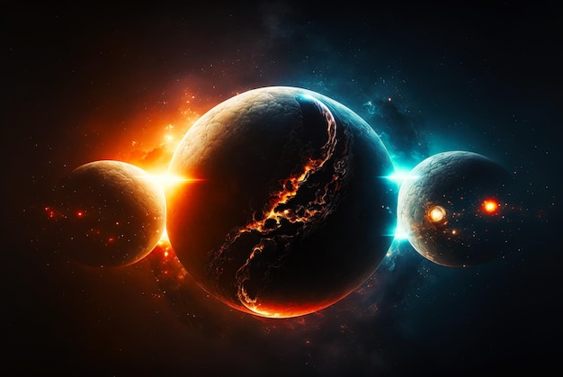 Sistema de triple planeta Extraños mundos espaciales distantes Universo futurista IA generativa