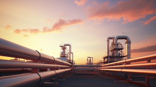 Sistema de tuberías de la industria petrolera y bastidor con un cielo al atardecer