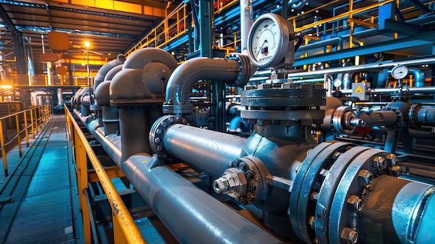 Sistema de tuberías industriales con medidor de presión en ingeniería y tecnología de instalaciones modernas
