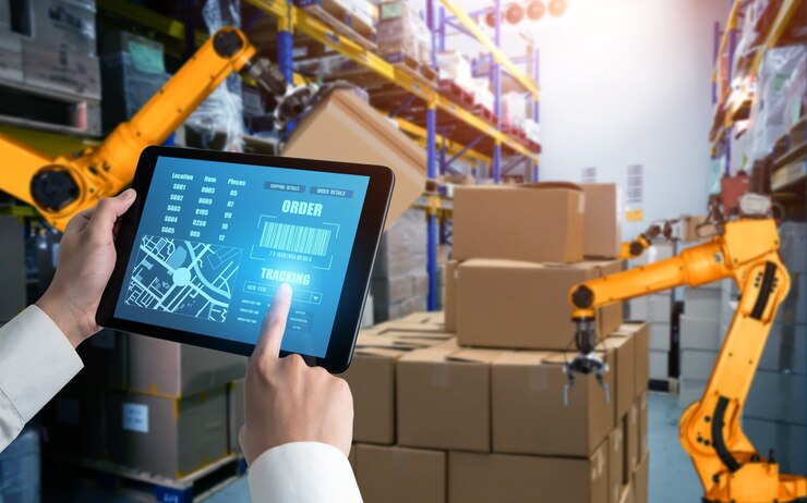 Foto sistemas de brazos robóticos inteligentes para tecnología digital innovadora de almacenes y fábricas