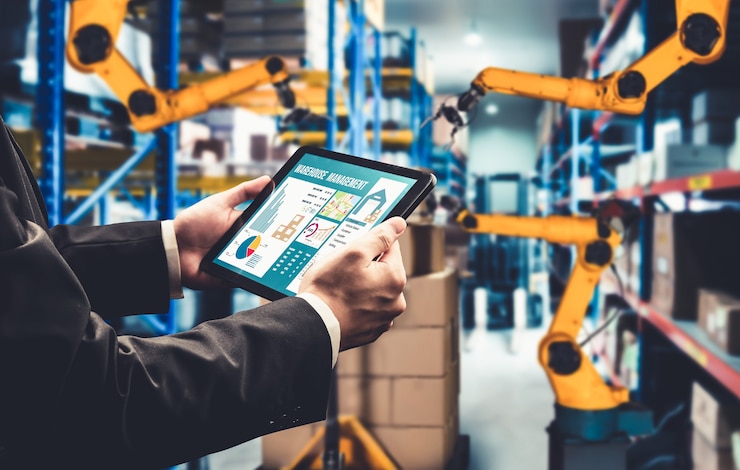 Foto sistemas de brazos robóticos inteligentes para tecnología digital innovadora de almacenes y fábricas