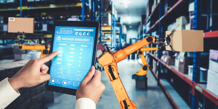 Foto sistemas de brazos robóticos inteligentes para tecnología digital innovadora de almacenes y fábricas