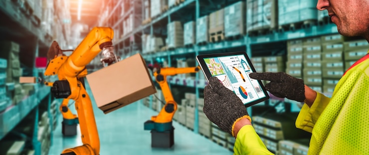 Foto sistemas de brazos robóticos inteligentes para tecnología digital innovadora de almacenes y fábricas