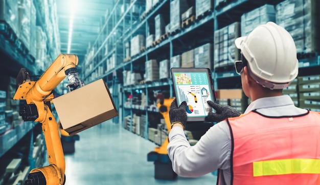 Sistemas de brazos robóticos inteligentes para tecnología digital innovadora de almacenes y fábricas