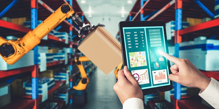 Foto sistemas de brazos robóticos inteligentes para tecnología digital innovadora de almacenes y fábricas