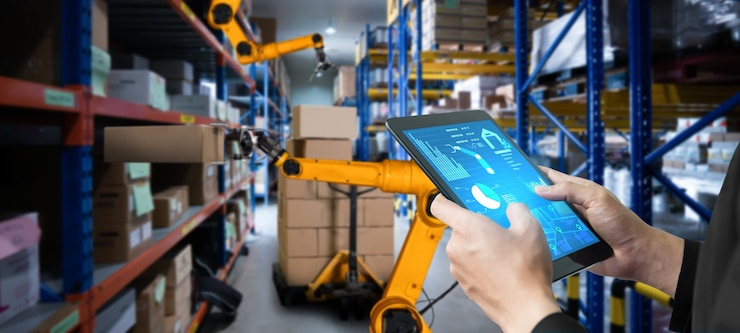 Foto sistemas de brazos robóticos inteligentes para tecnología digital innovadora de almacenes y fábricas