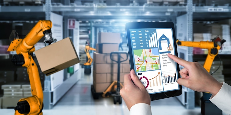 Foto sistemas de brazos robóticos inteligentes para tecnología digital innovadora de almacenes y fábricas